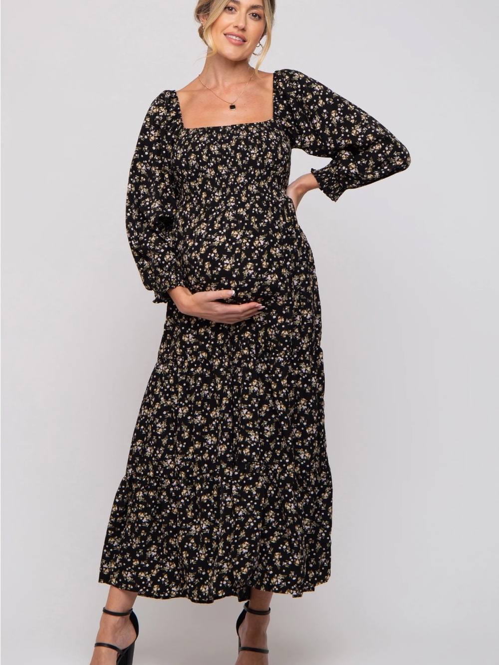 Pinkblush Black Floral Smocked Long Sleeve
Maternity Maxi Dress